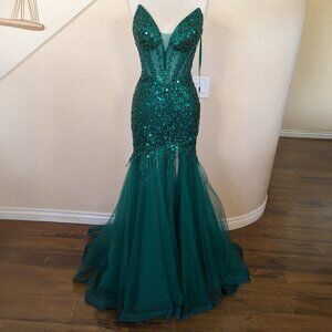 Emerald Green Sequin Strapless Corset Side Slit Prom Formal Dress 2